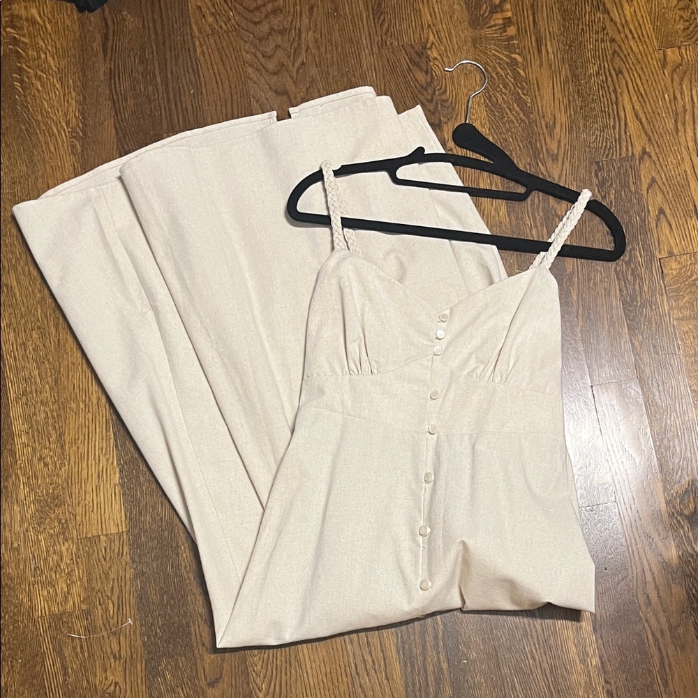Chic Braided Strap Cream Midi Dress with Button Detail